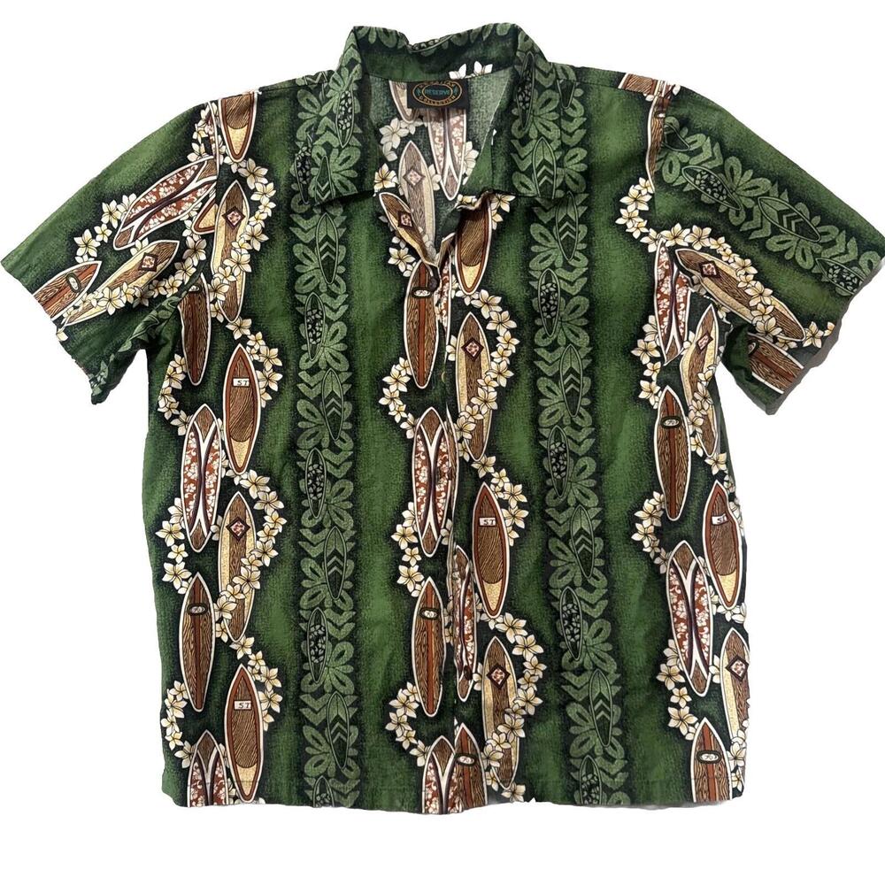 Hawaiian‎ Reserve Collection Men's Shirt Size M Green Surfboard Floral Aloha